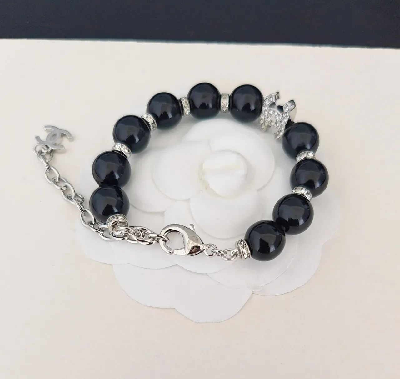 Chanel Beaded Bracelet Black Silver Crystal-Accented Bracelet 2