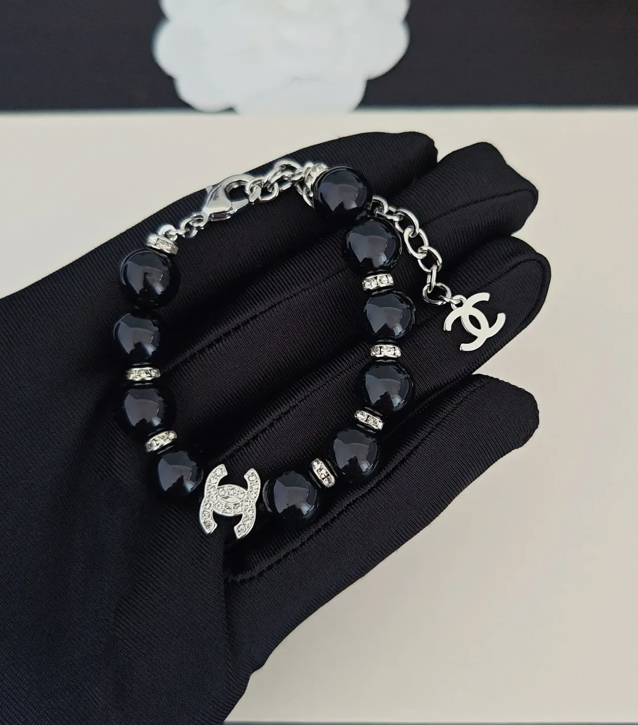 Chanel Beaded Bracelet Black Silver Crystal-Accented Bracelet 3