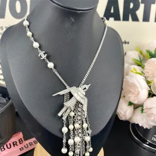 Chanel Bird Pendant Pearl and Crystal Fringe Necklace
