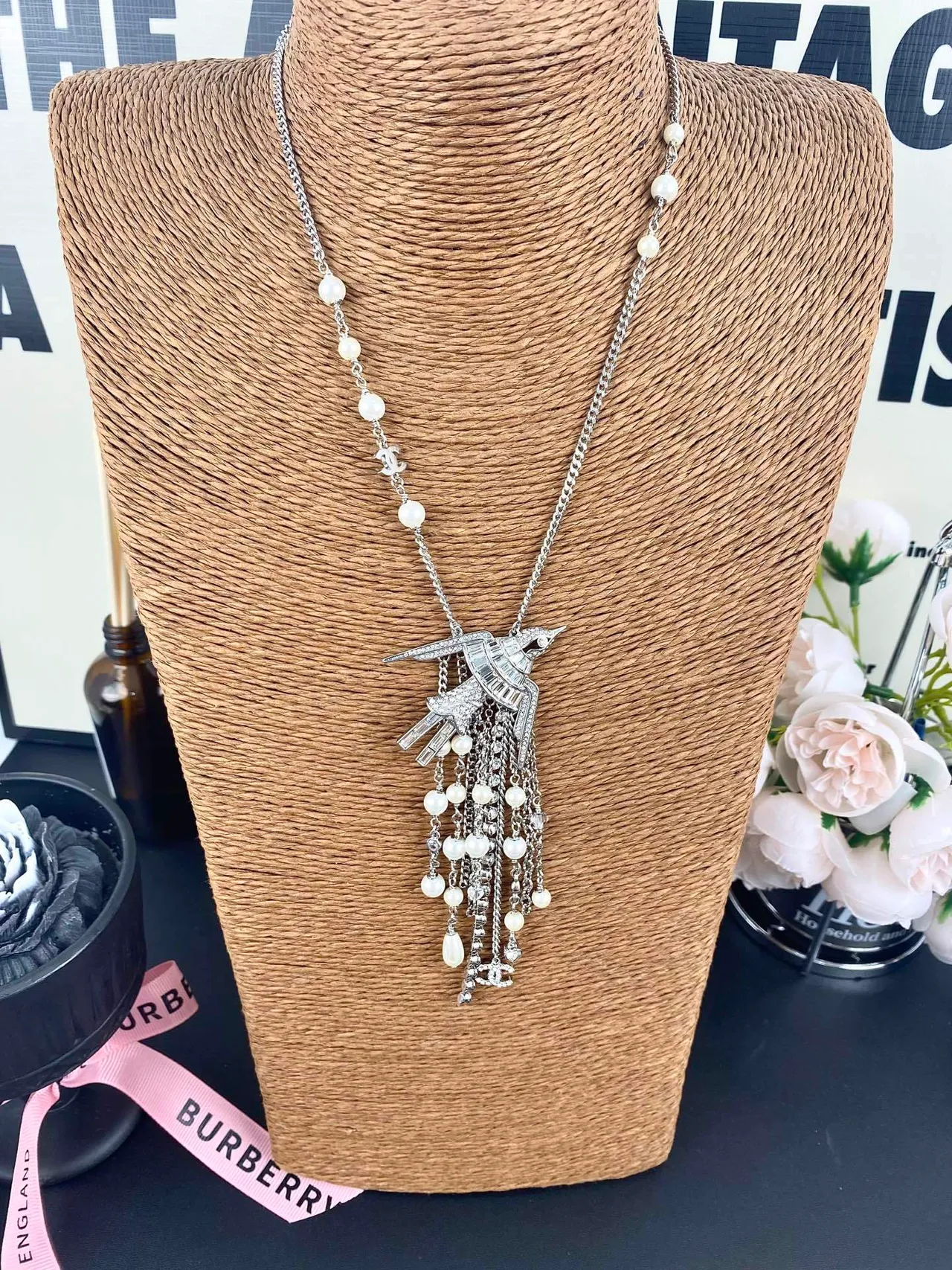 Chanel Bird Pendant Pearl and Crystal Fringe Necklace 4