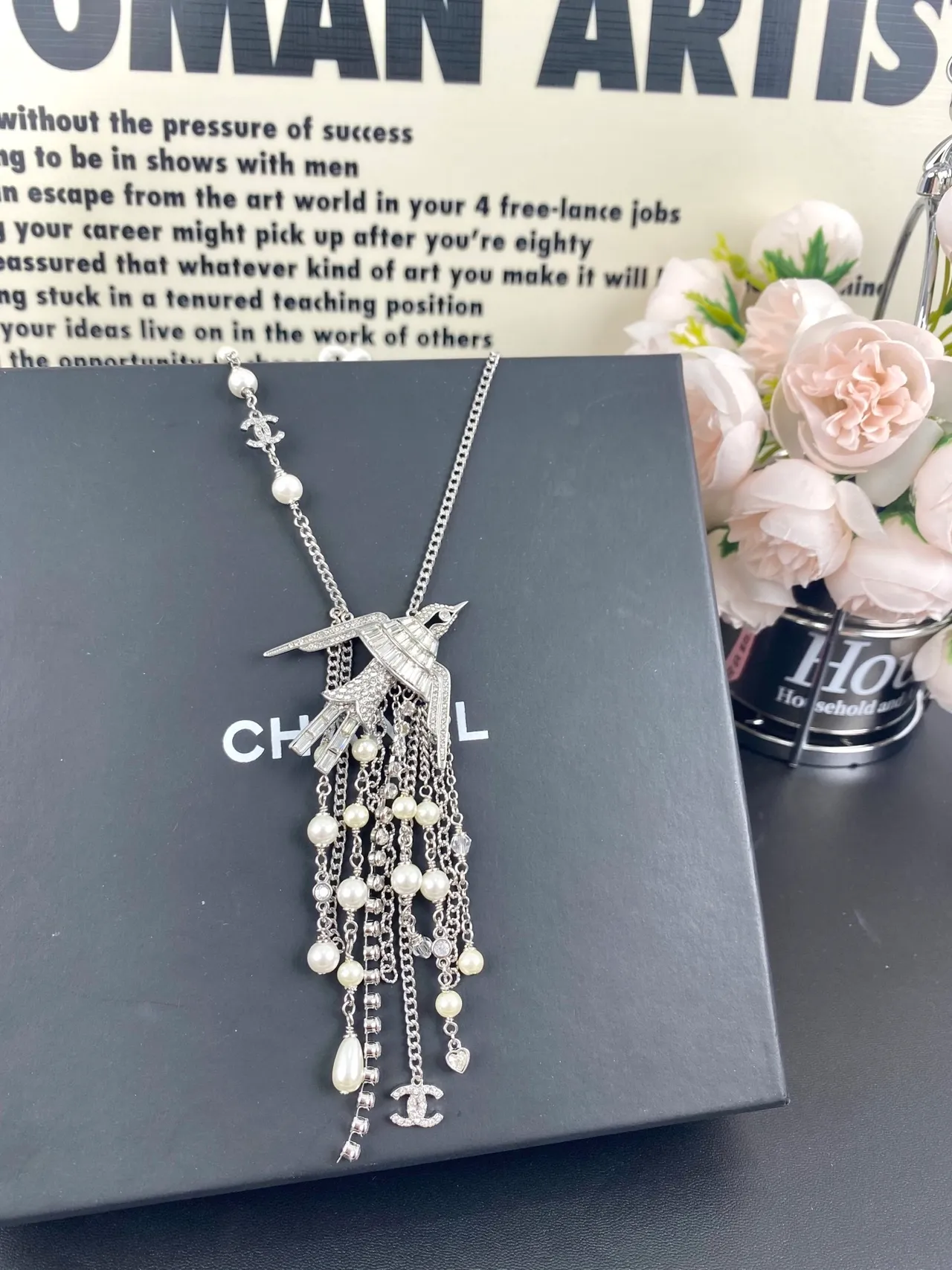 Chanel Bird Pendant Pearl and Crystal Fringe Necklace 5