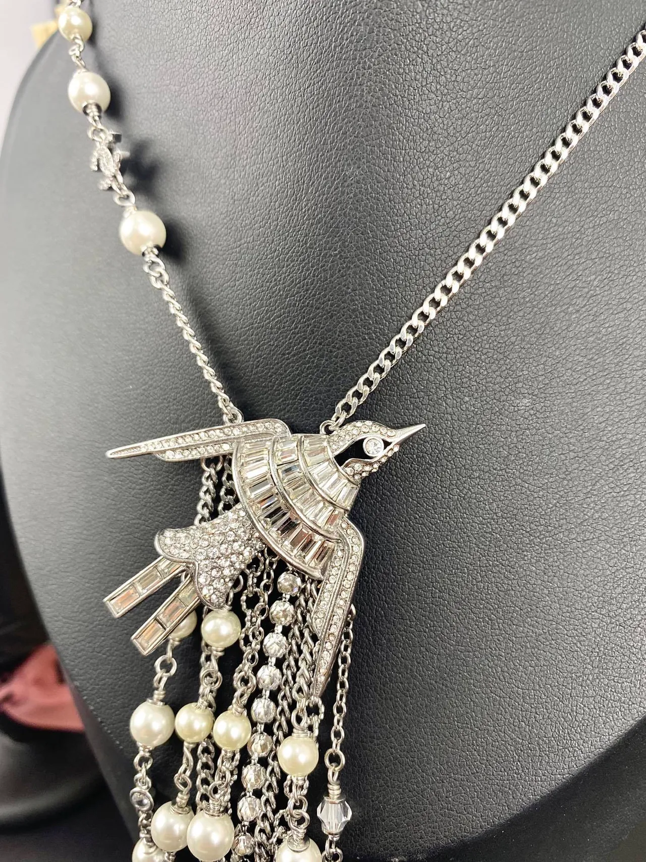 Chanel Bird Pendant Pearl and Crystal Fringe Necklace 6