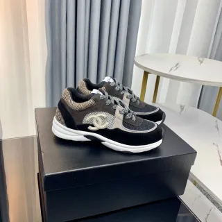 Chanel 黑色 米色 分层 织物 上层 鱼骨纹 纺织 面板 厚底 运动鞋