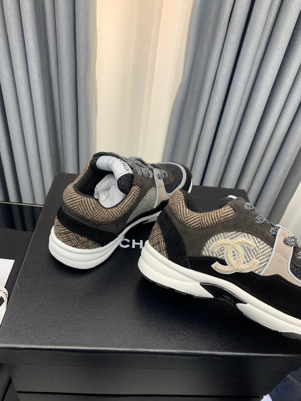 Chanel Black Beige Layered Fabric Upper Herringbone Textile Panel Chunky Sneakers 2