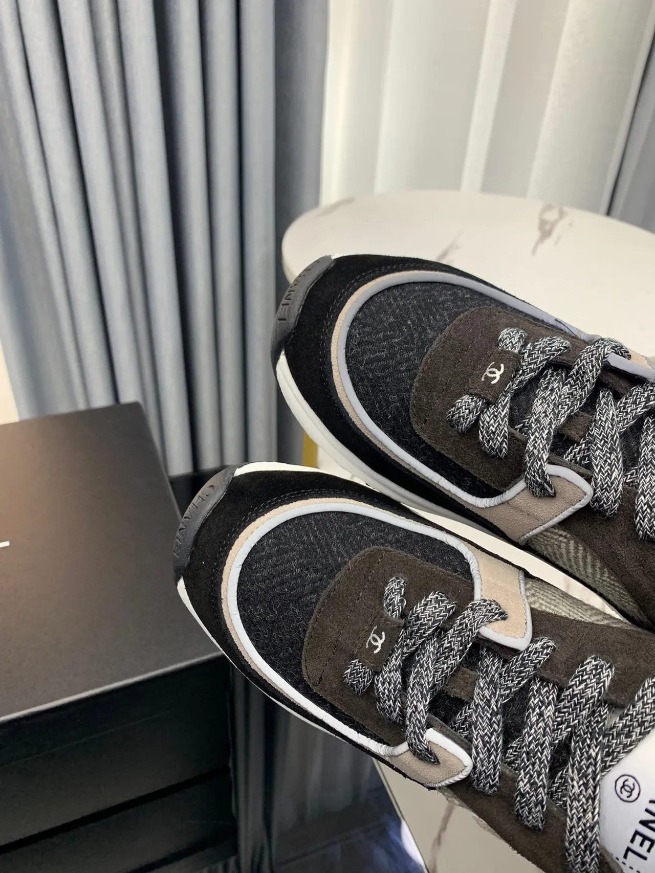 Chanel Black Beige Layered Fabric Upper Herringbone Textile Panel Chunky Sneakers 3