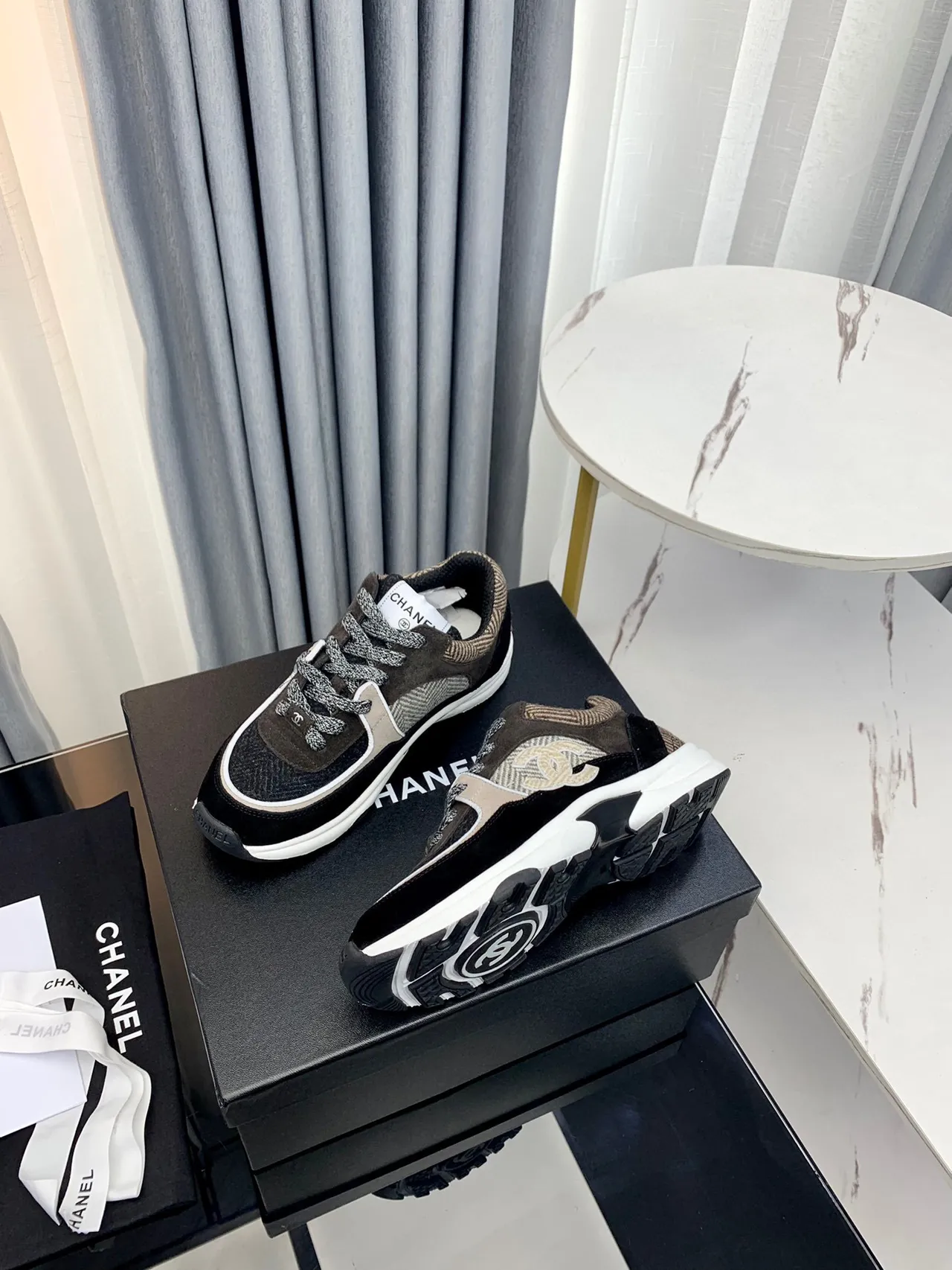 Chanel Black Beige Layered Fabric Upper Herringbone Textile Panel Chunky Sneakers 4
