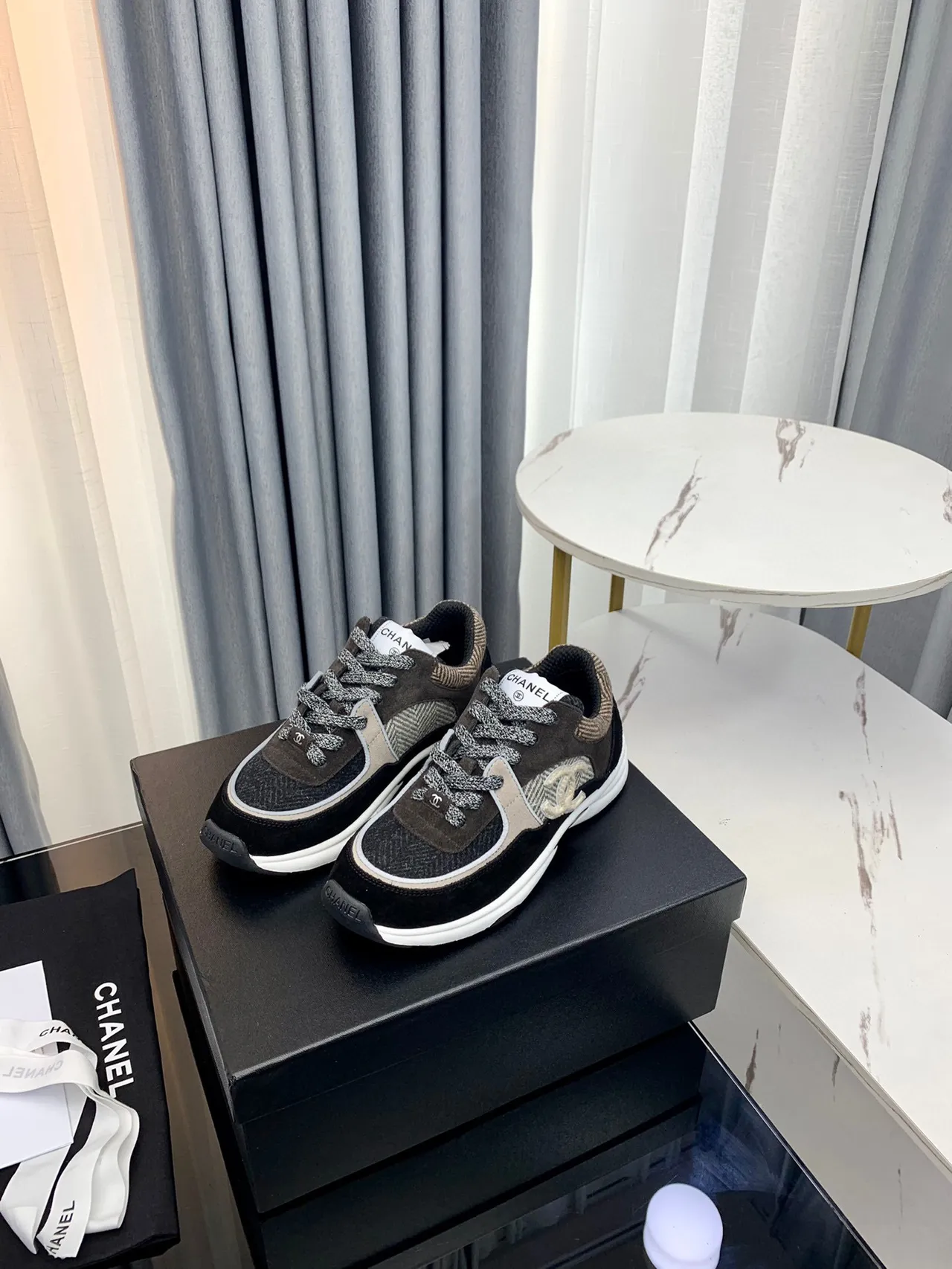 Chanel Black Beige Layered Fabric Upper Herringbone Textile Panel Chunky Sneakers 5