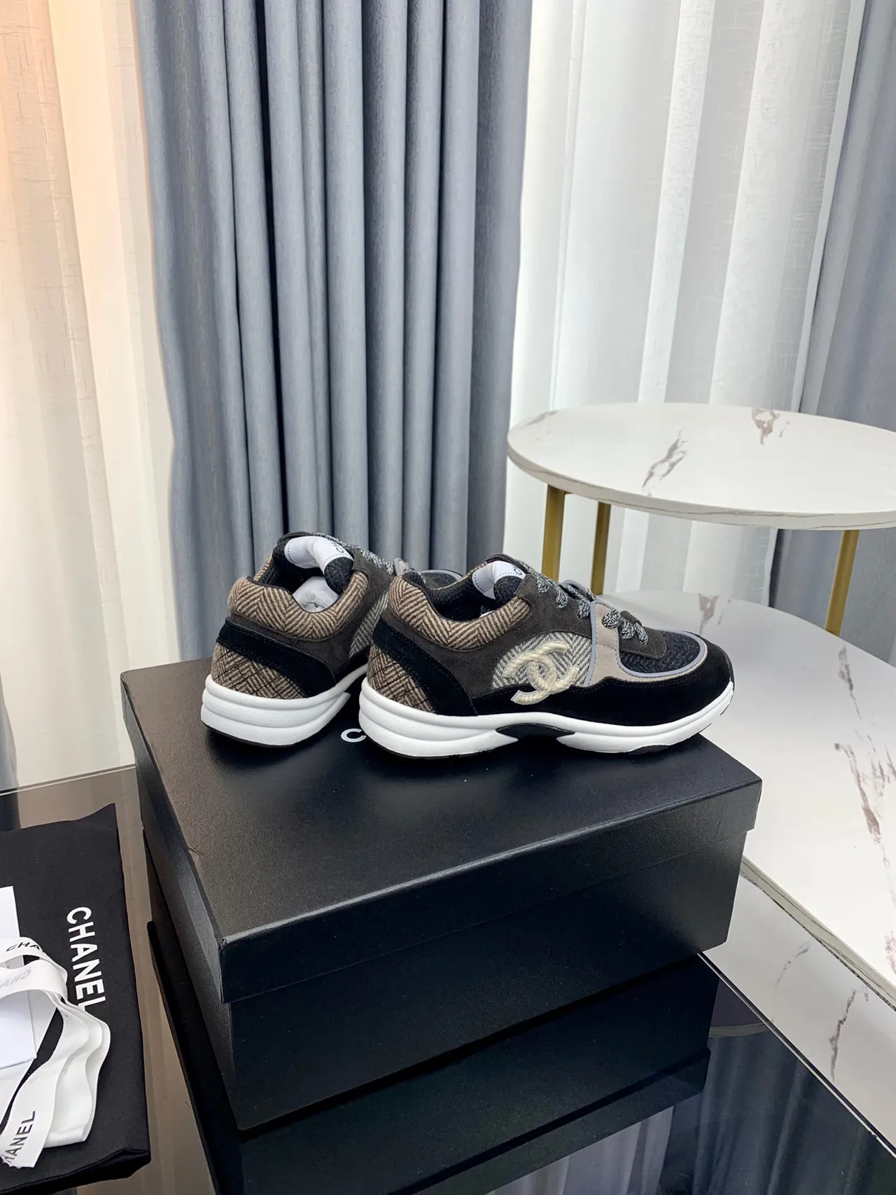 Chanel Black Beige Layered Fabric Upper Herringbone Textile Panel Chunky Sneakers 6