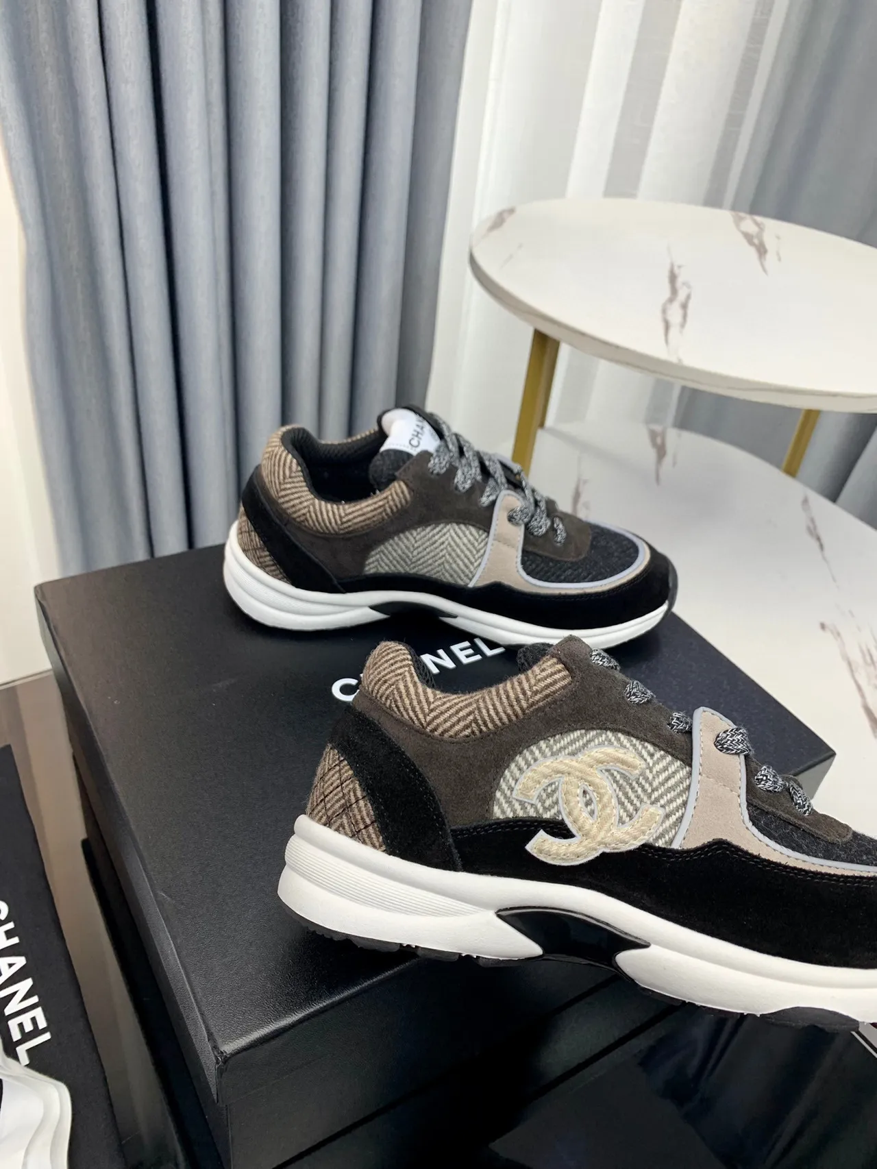 Chanel Black Beige Layered Fabric Upper Herringbone Textile Panel Chunky Sneakers 7