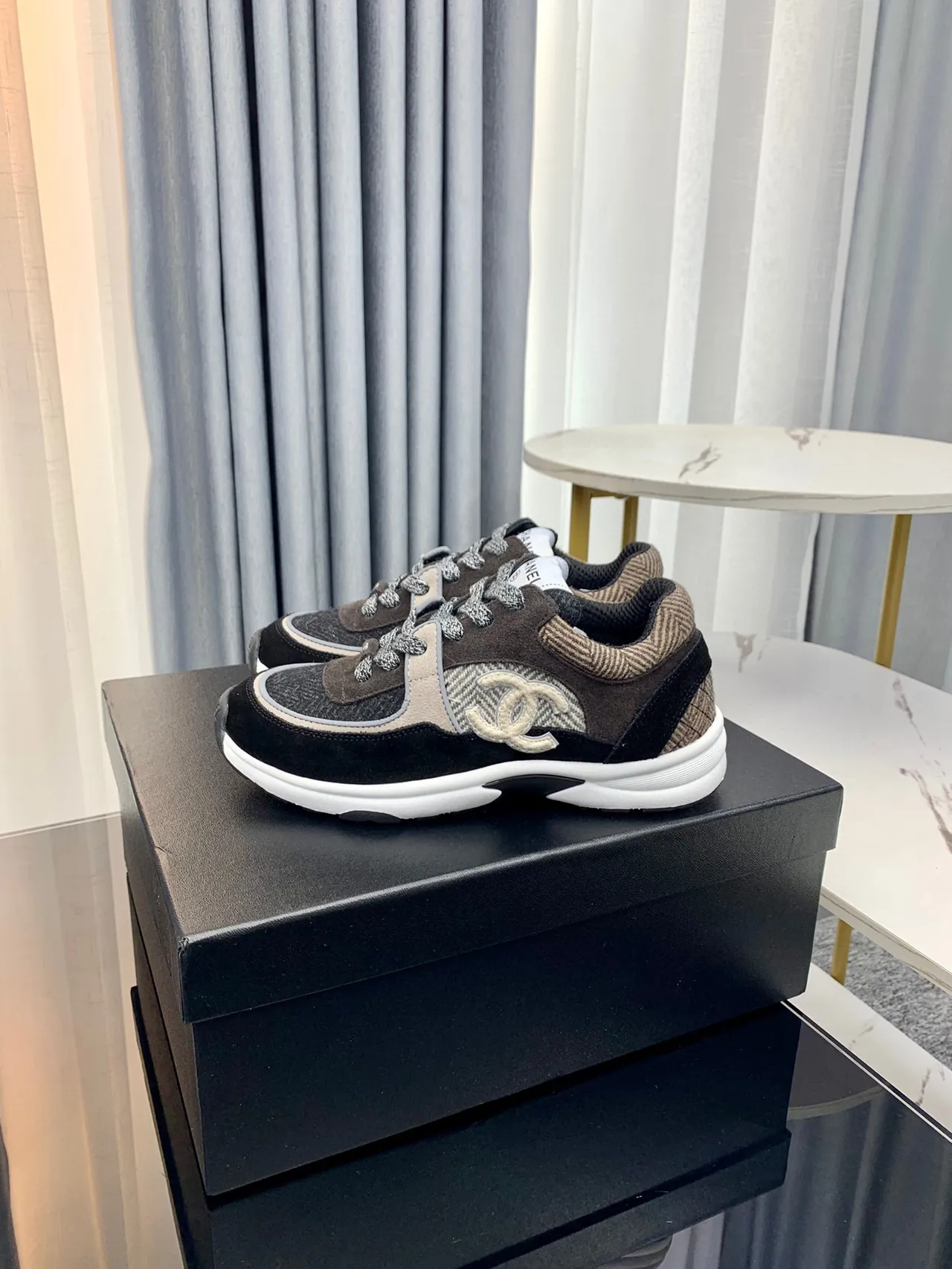 Chanel Black Beige Layered Fabric Upper Herringbone Textile Panel Chunky Sneakers 8