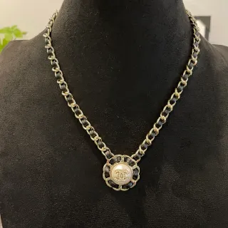Chanel Black Gold Chain-and-Leather Link Construction Camellia-Inspired Pendant Frame Necklace