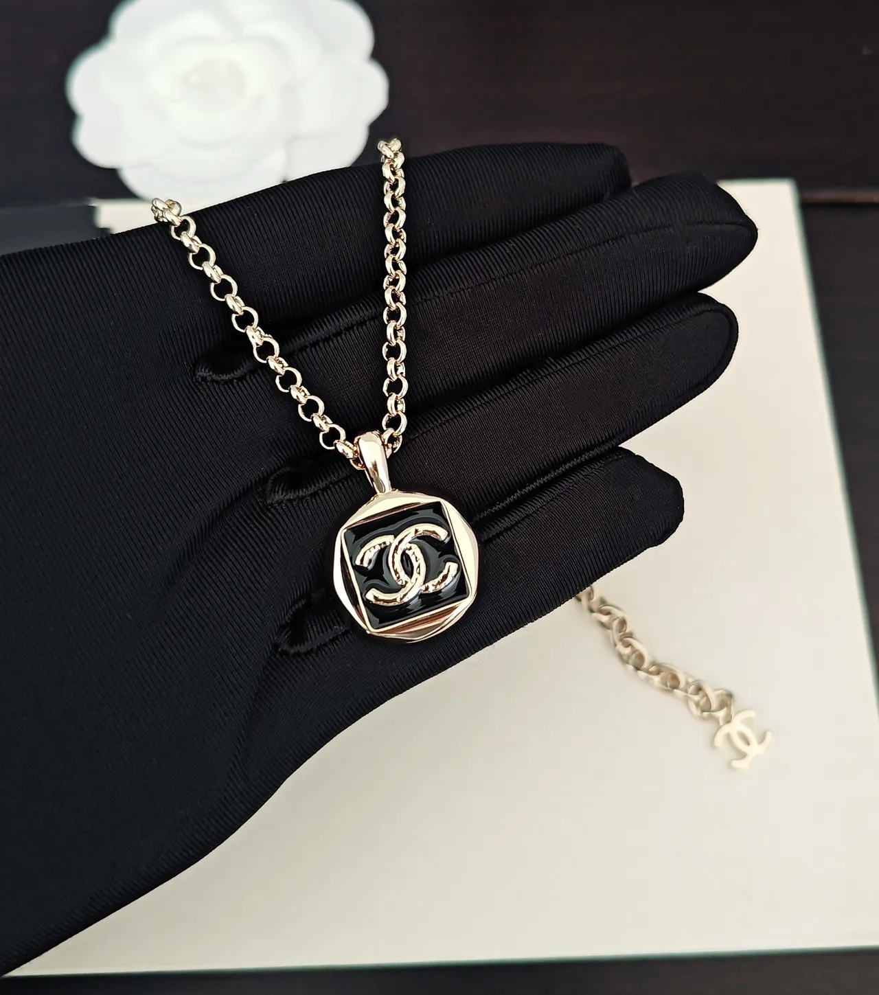 Chanel Black Gold Octagonal Pendant Enamel Necklace 1