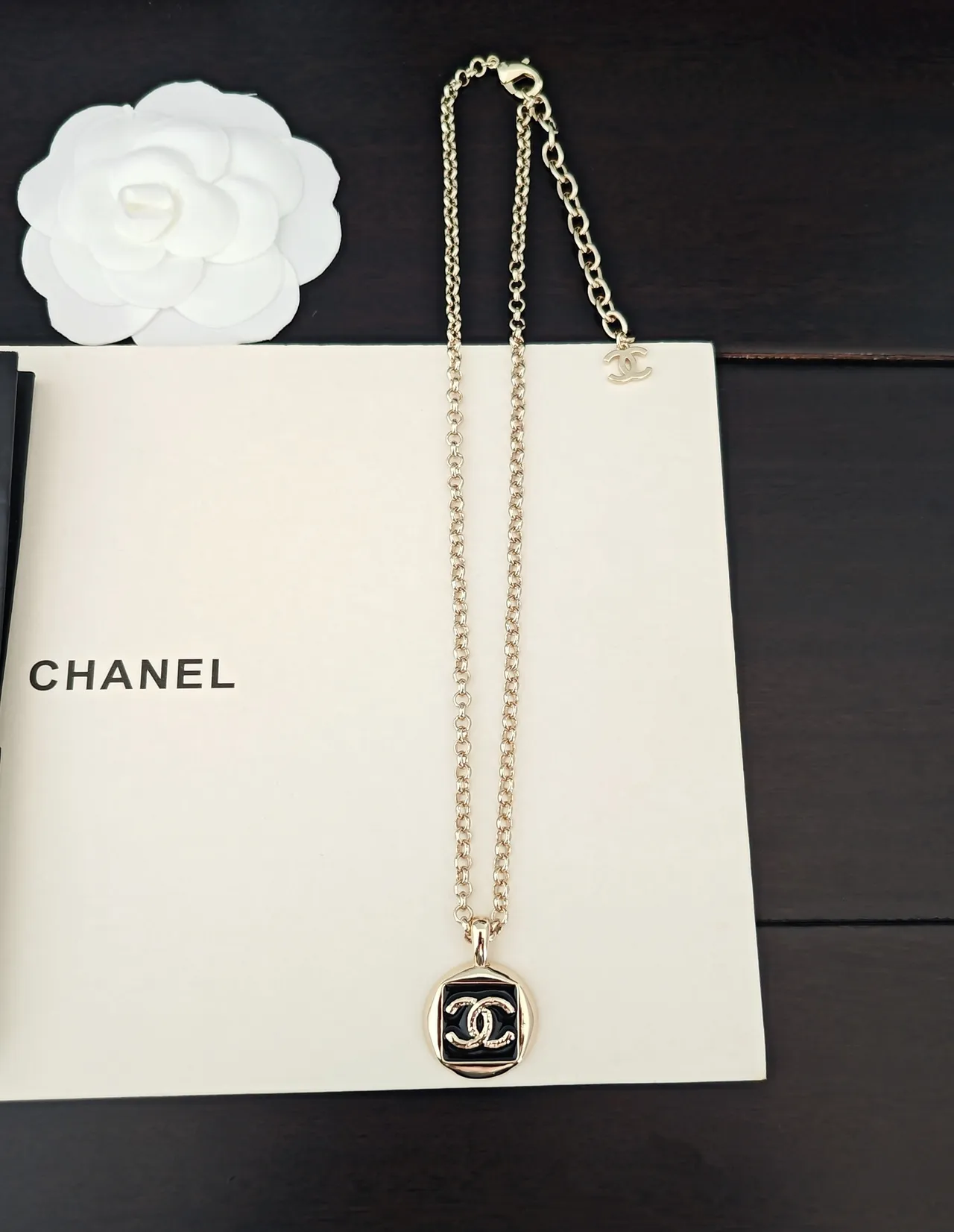 Chanel Black Gold Octagonal Pendant Enamel Necklace 5