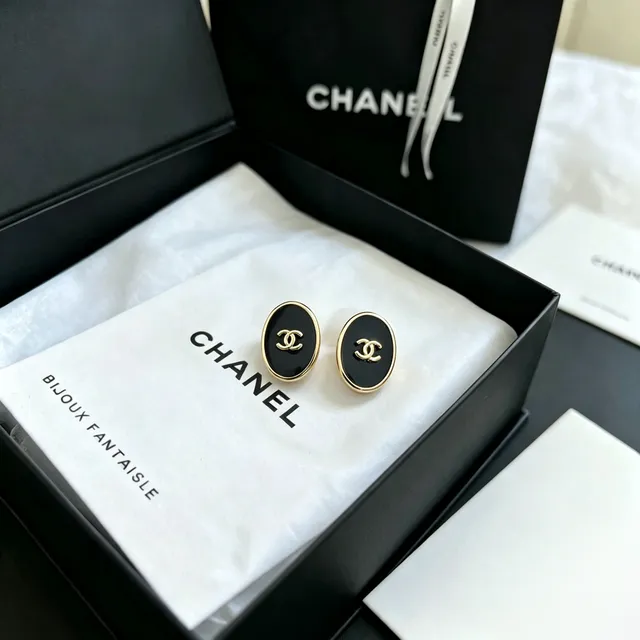 Chanel Black Gold Oval Stud Enamel Earrings 9