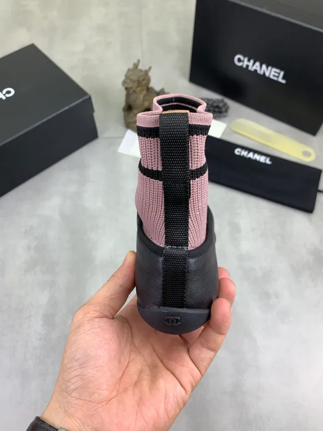 Chanel Black Pink Sock-Fit Knit Upper Leather Toe Cap Ballet Flat 2