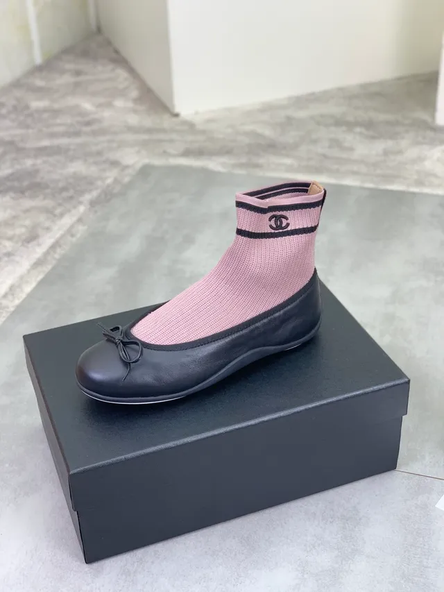 Chanel Black Pink Sock-Fit Knit Upper Leather Toe Cap Ballet Flat 3