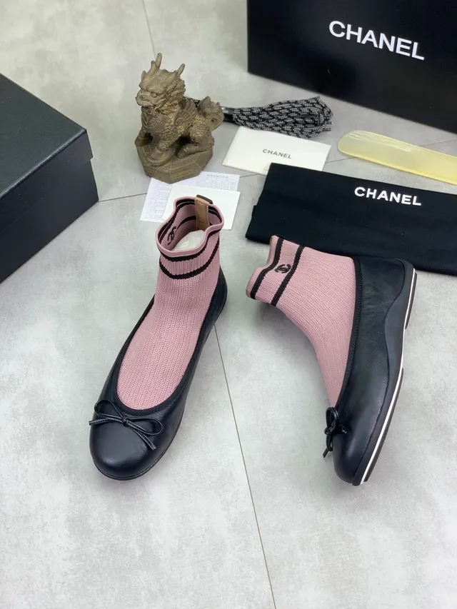 Chanel Black Pink Sock-Fit Knit Upper Leather Toe Cap Ballet Flat 4