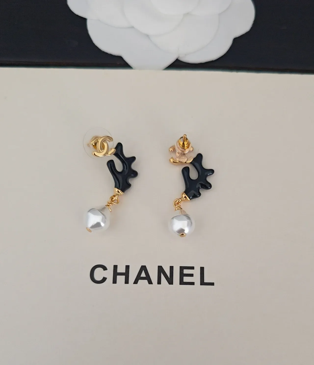Chanel Black Resin Antler Pearl Drop Earrings 3