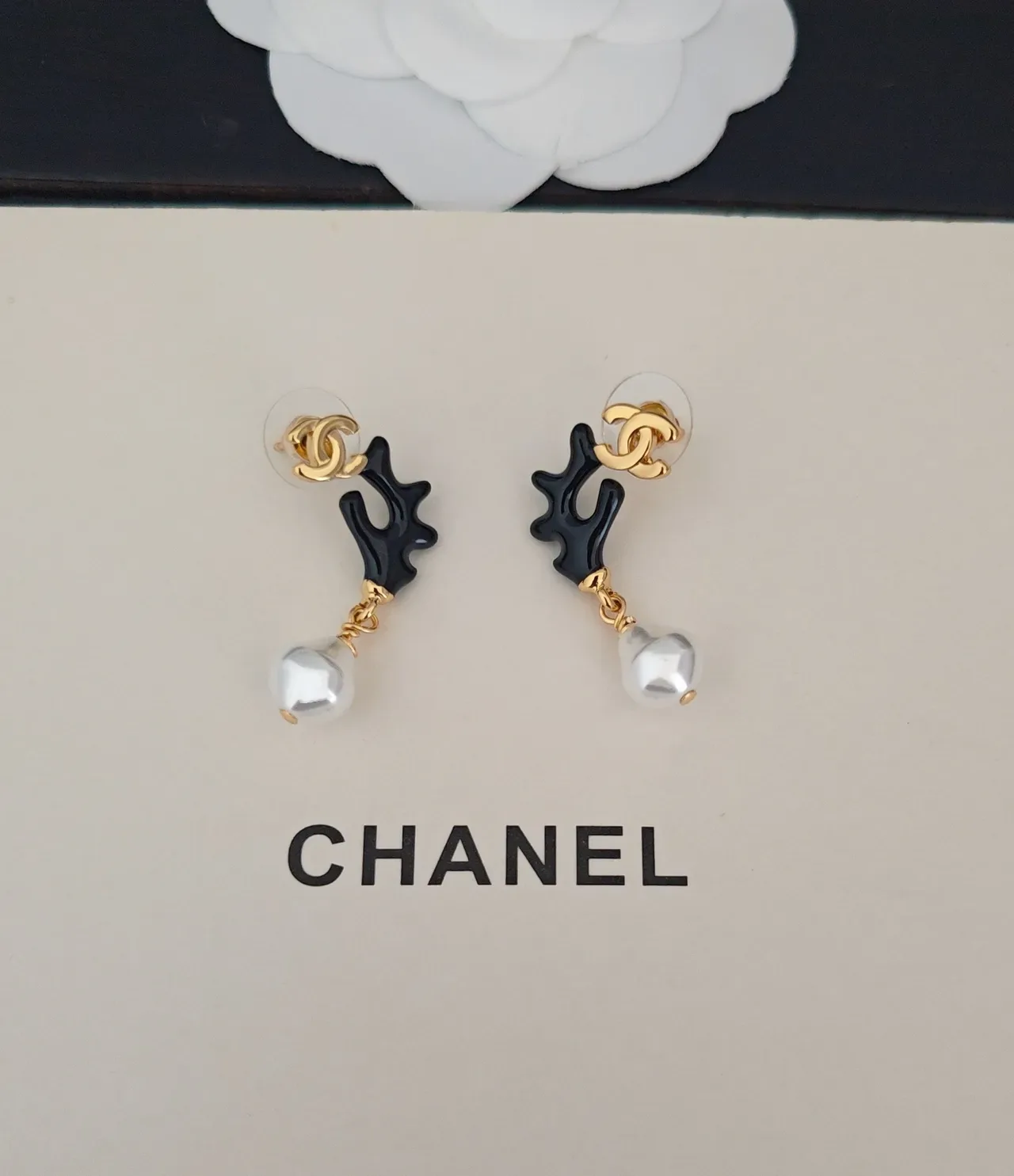 Chanel Black Resin Antler Pearl Drop Earrings 4