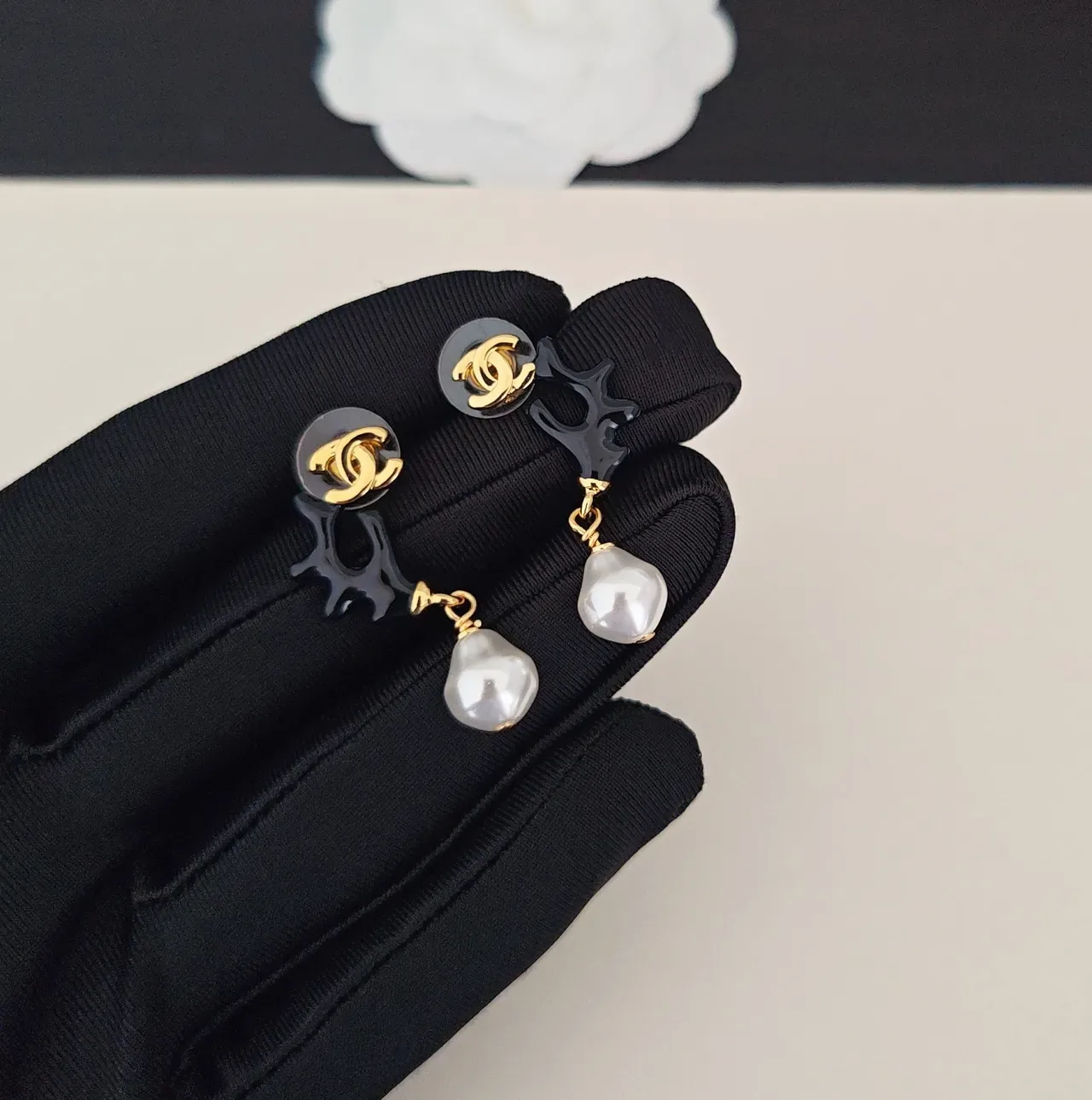 Chanel Black Resin Antler Pearl Drop Earrings 5