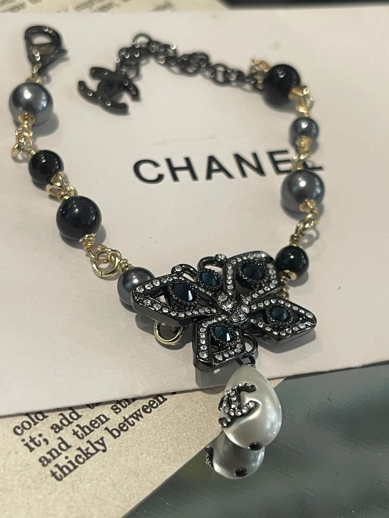Chanel Black White Beaded Chain Pavé Crystal Floral Motif Bracelet 6