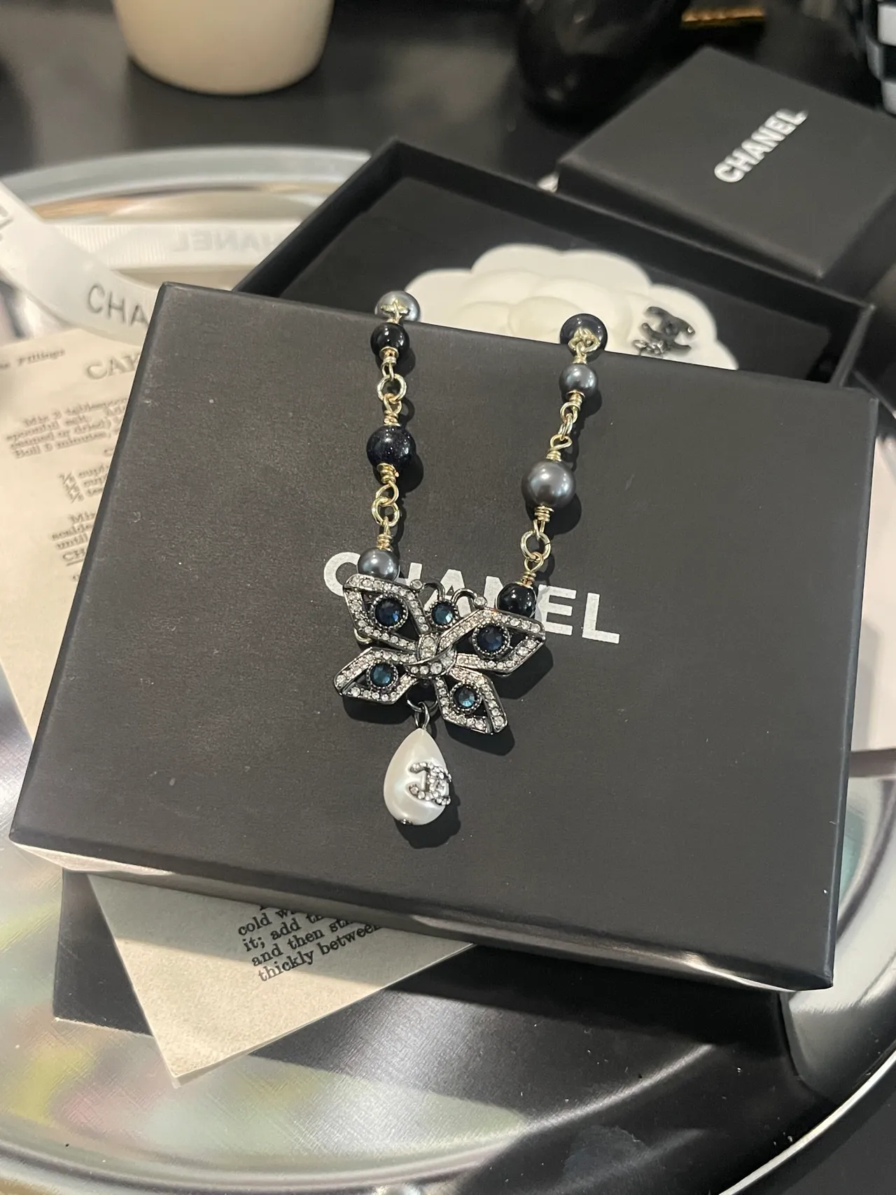Chanel Black White Beaded Chain Pavé Crystal Floral Motif Bracelet 7