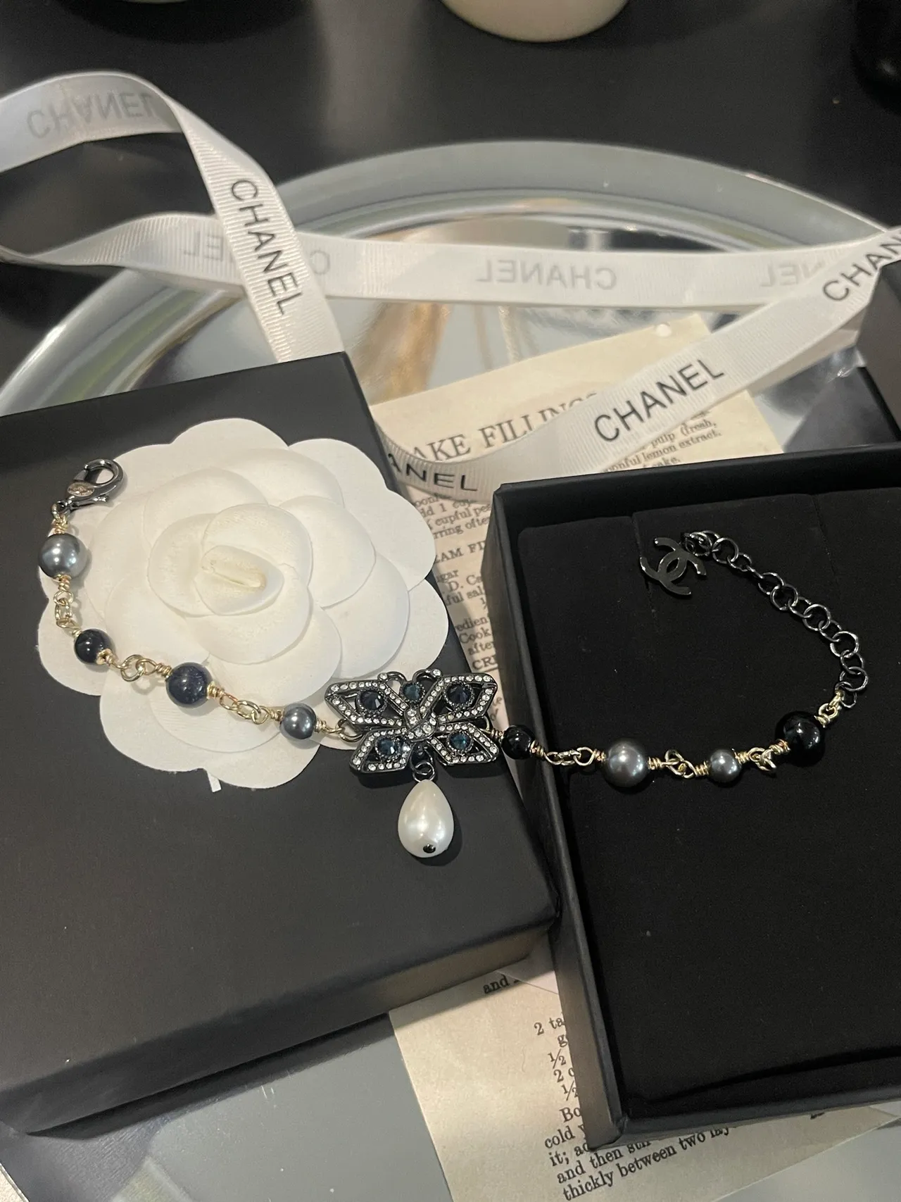 Chanel Black White Beaded Chain Pavé Crystal Floral Motif Bracelet 8