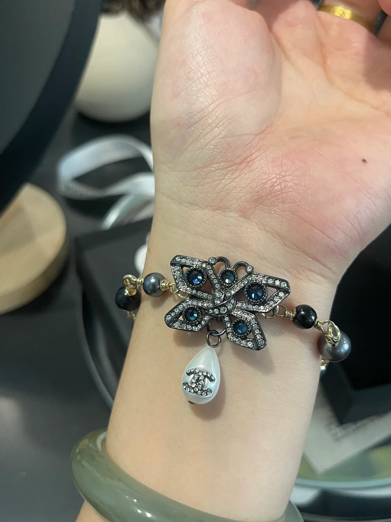 Chanel Black White Beaded Chain Pavé Crystal Floral Motif Bracelet 9
