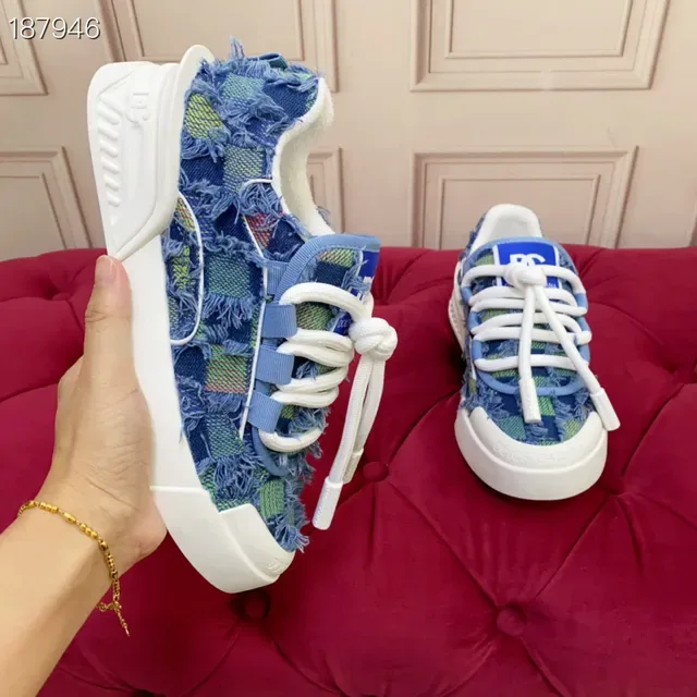 Chanel Blue Multicolor Frayed Denim Patchwork Plaid Grid Pattern Lifestyle Sneakers 6