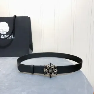 Chanel Camellia Belt काला चांदी चिकना चमड़े का पट्टा