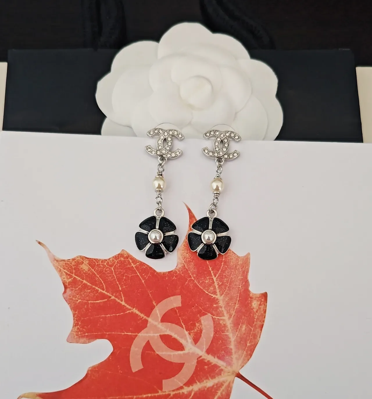 Chanel Camellia Black Silver Crystal-Embellished CC Logo Enamel Earrings 3