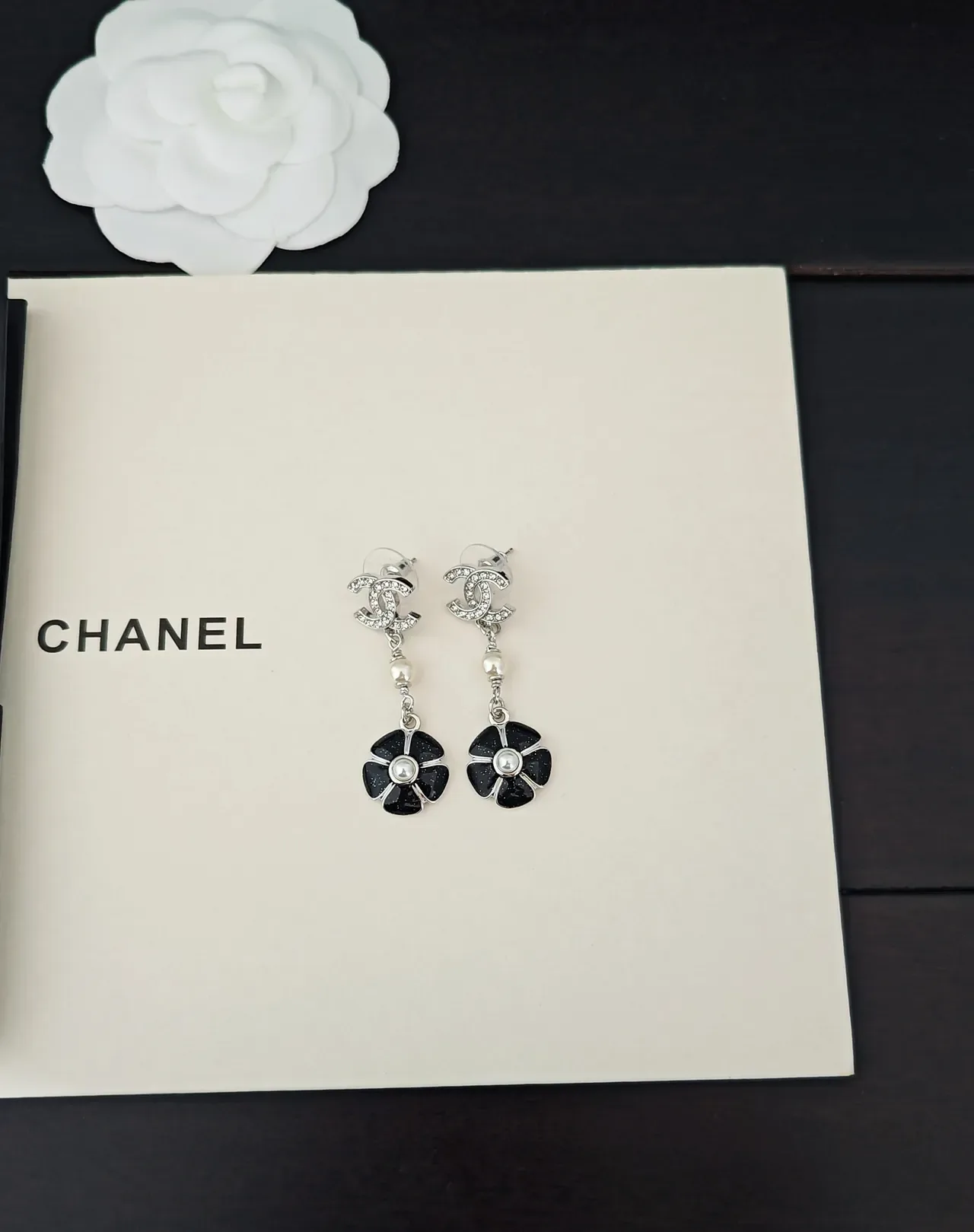 Chanel Camellia Black Silver Crystal-Embellished CC Logo Enamel Earrings 4