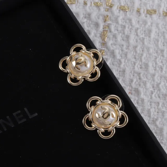 Chanel Camellia Flower Gold-Tone Pearl Cabochon Stud Earrings 2