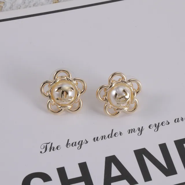 Chanel Camellia Flower Gold-Tone Pearl Cabochon Stud Earrings 3