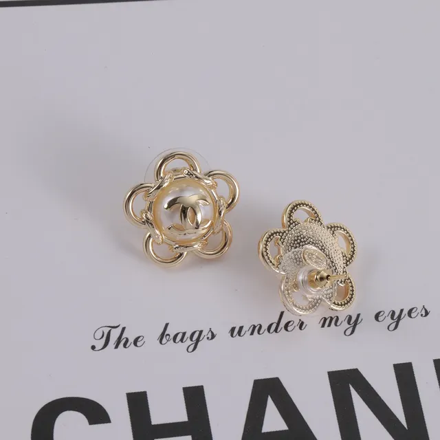 Chanel Camellia Flower Gold-Tone Pearl Cabochon Stud Earrings 4