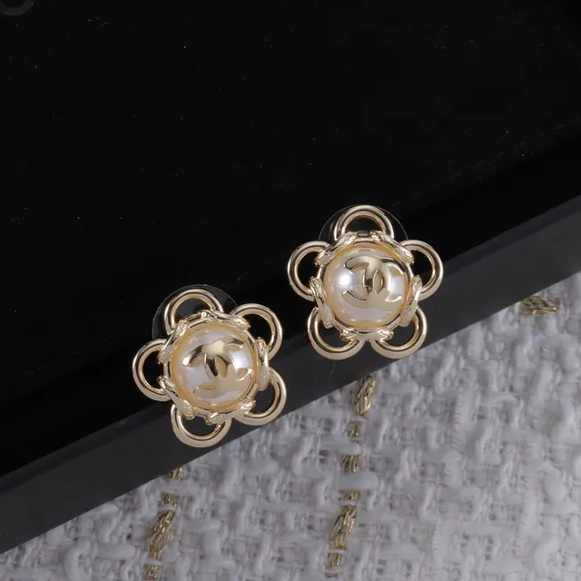 Chanel Camellia Flower Gold-Tone Pearl Cabochon Stud Earrings 5