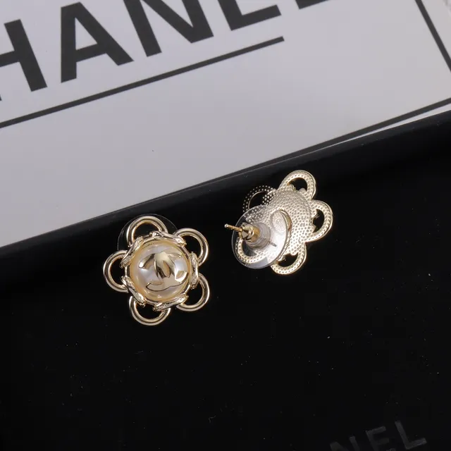 Chanel Camellia Flower Gold-Tone Pearl Cabochon Stud Earrings 6