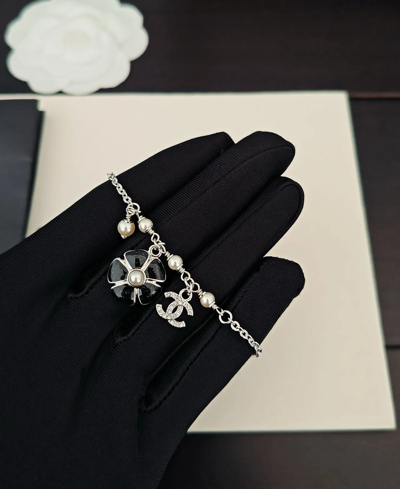 Chanel Camellia Pearl and Crystal CC Charm Bracelet 2