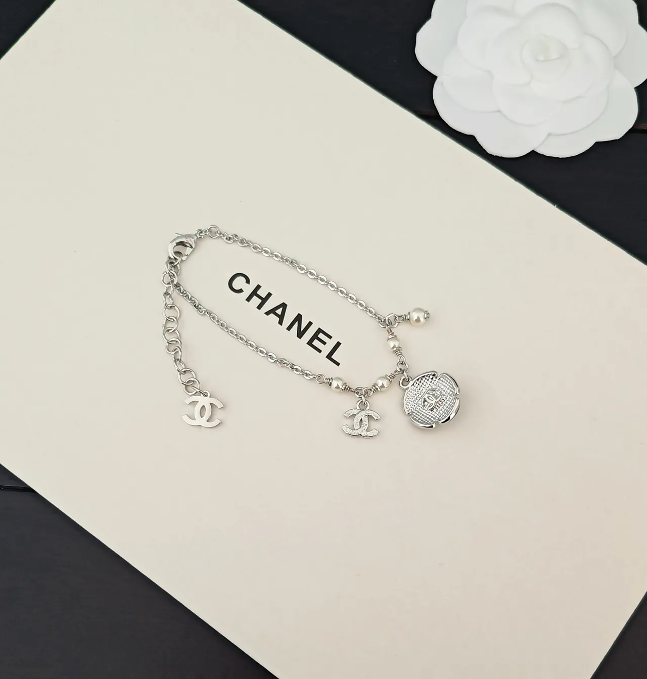 Chanel Camellia Pearl and Crystal CC Charm Bracelet 3