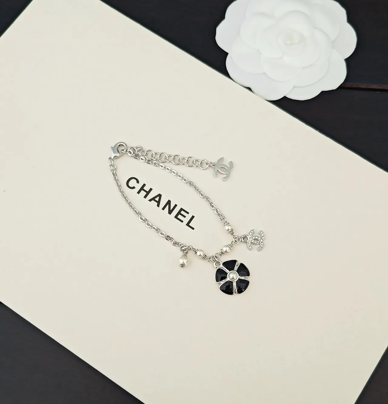 Chanel Camellia Pearl and Crystal CC Charm Bracelet 4