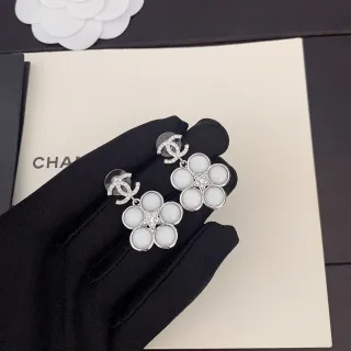 Chanel Camellia White Silver Motif Cabochon-Set Petals Earrings