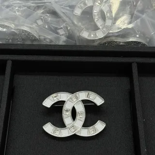 Chanel CC Brooch White Stone Inlay Silver-Tone Brooches