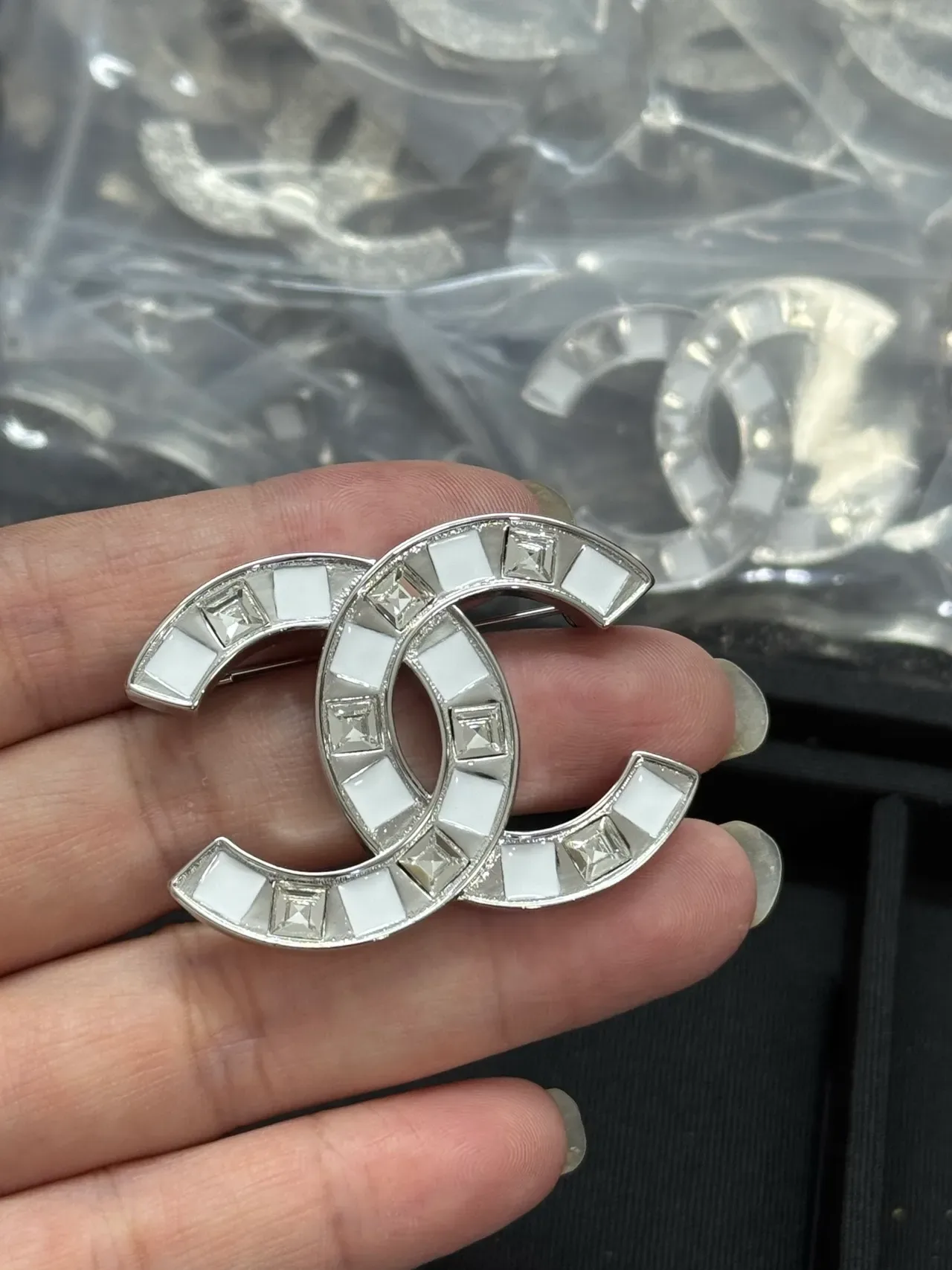 Chanel CC Brooch White Stone Inlay Silver-Tone Brooches 5