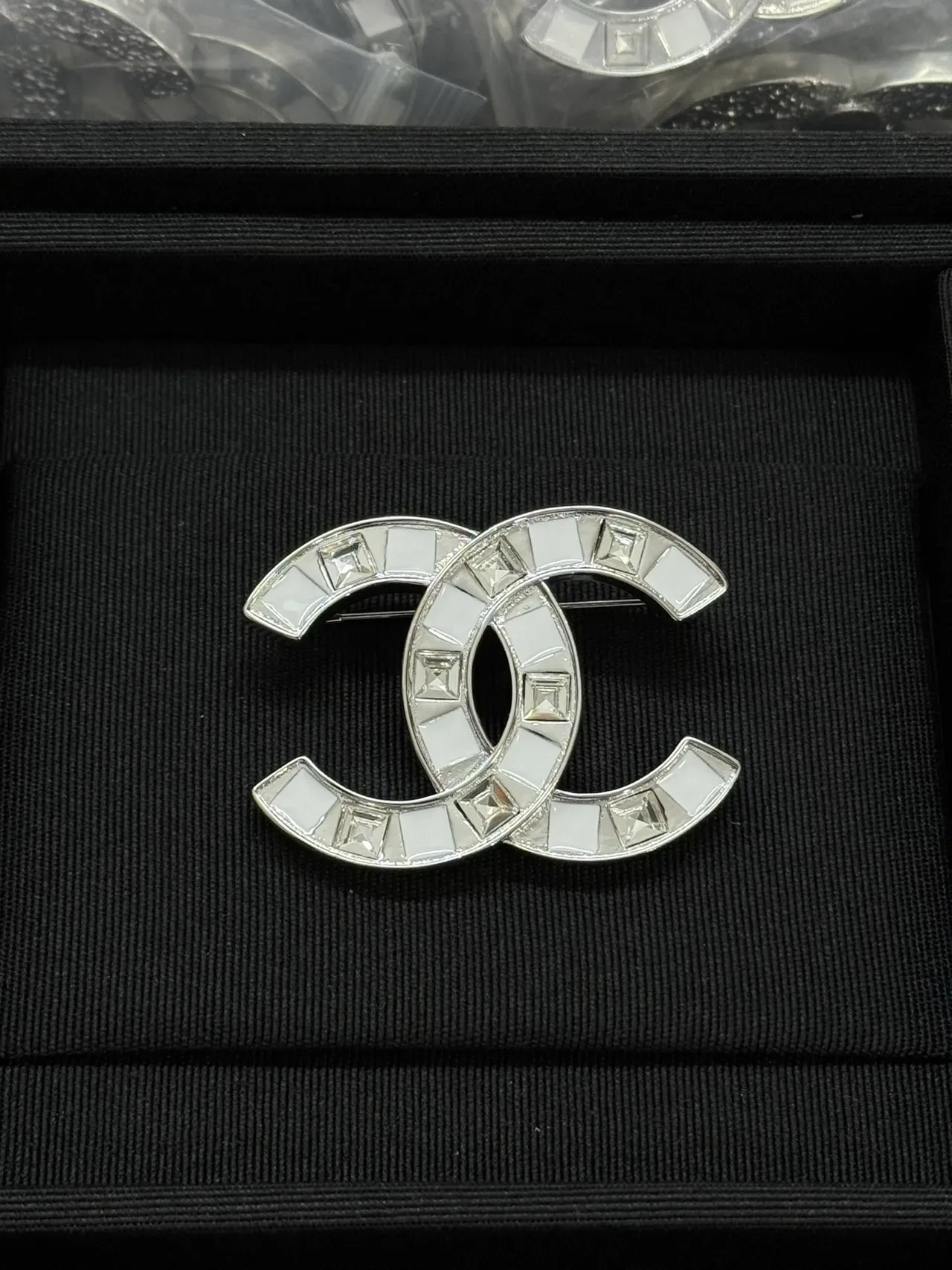 Chanel CC Brooch White Stone Inlay Silver-Tone Brooches 6