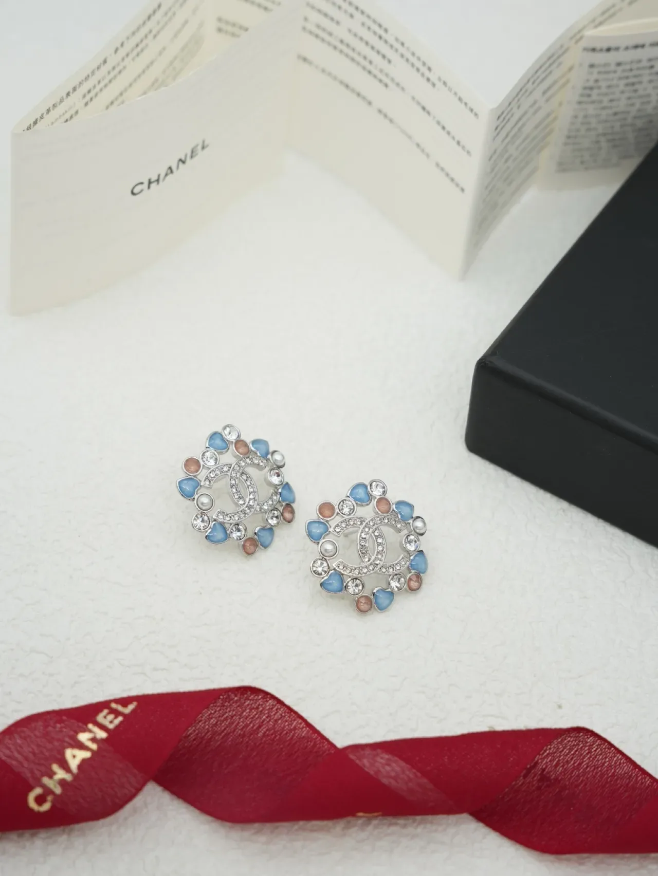Chanel CC Heart Enamel Pearl Crystal Stud Earrings 1