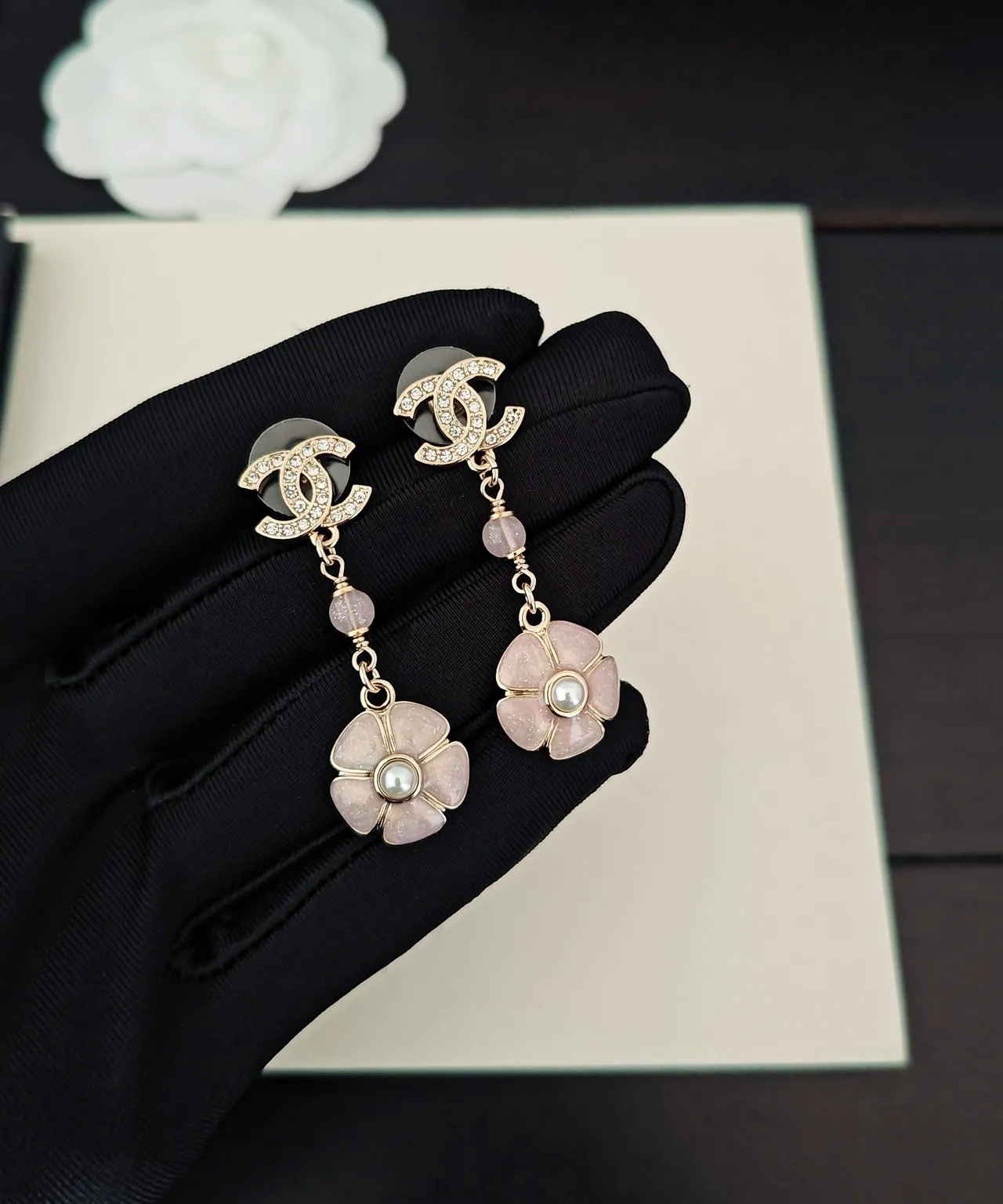 Chanel CC Logo Crystal and Pink Floral Pearl Earrings 2