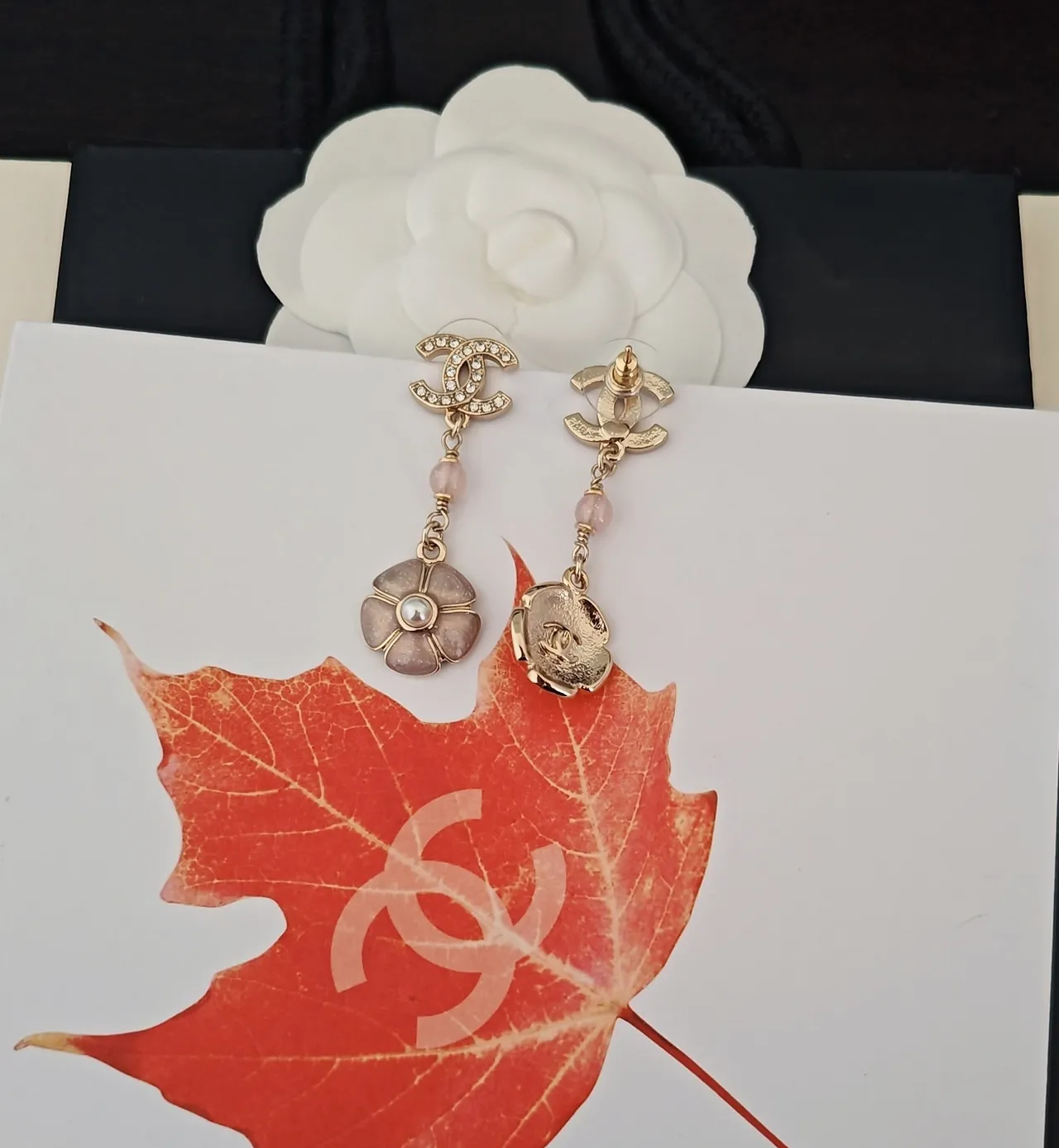 Chanel CC Logo Crystal and Pink Floral Pearl Earrings 3
