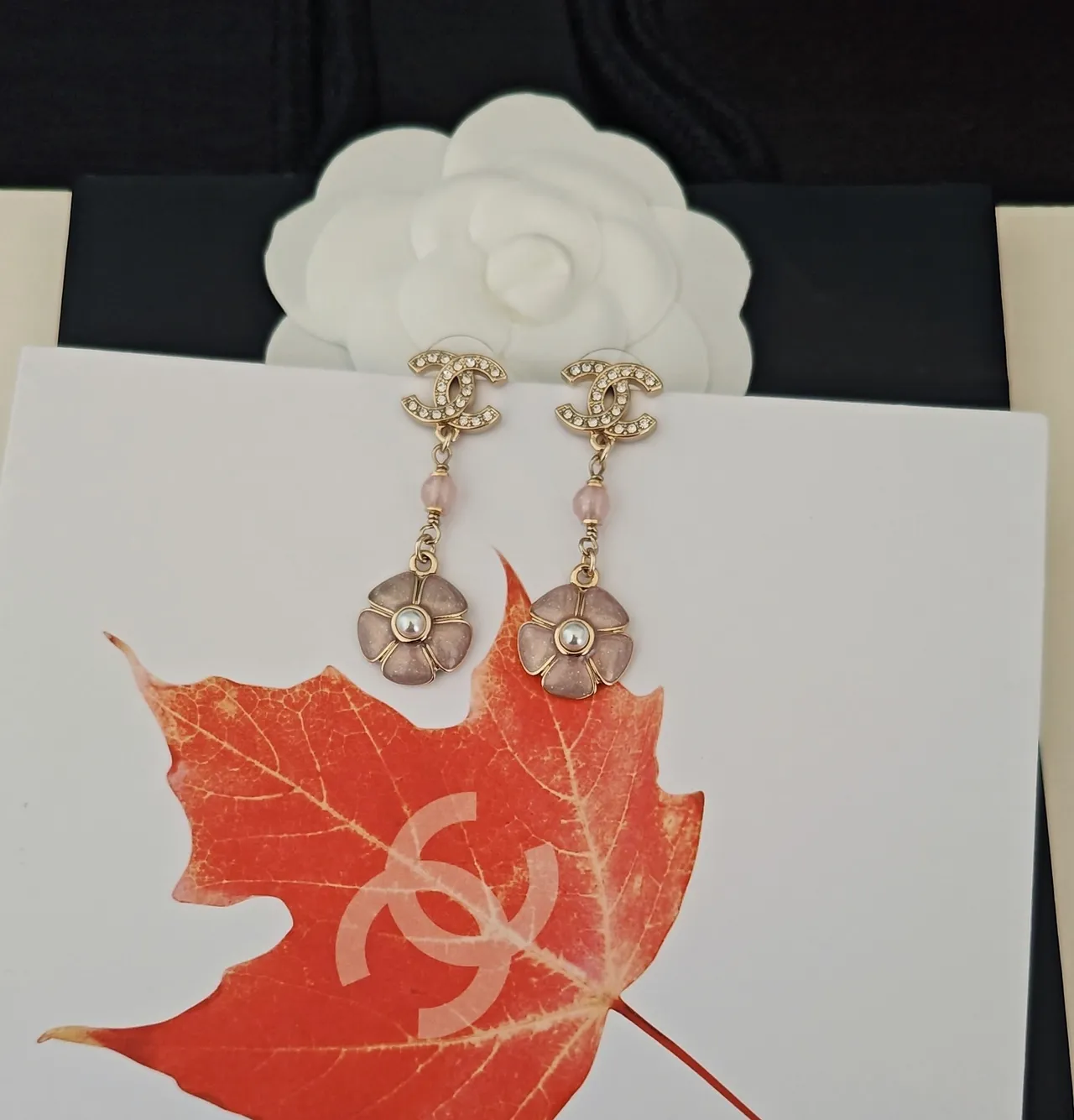 Chanel CC Logo Crystal and Pink Floral Pearl Earrings 4