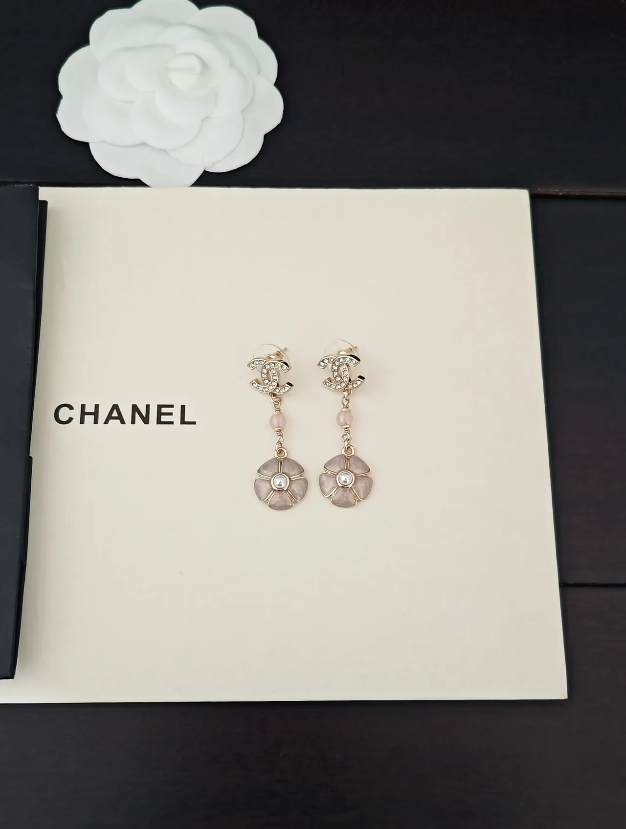 Chanel CC Logo Crystal and Pink Floral Pearl Earrings 5
