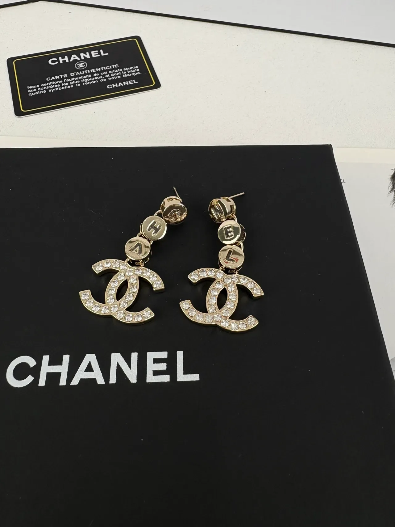 Chanel CC Logo Drop Silver Transparent Crystal-Pavé Letter-Charm Earrings 2